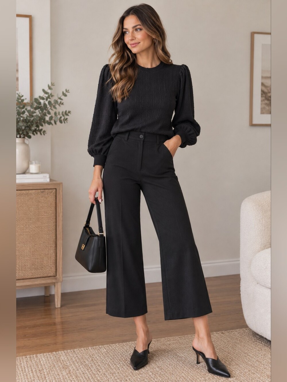 Club Monaco Black Textured Puff-Sleeve Crewneck Top